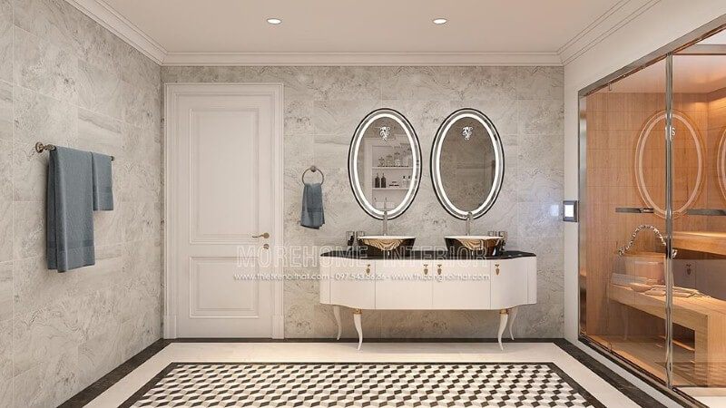 Bố trí phòng tắm ấn tượng với gương đèn led hắt sáng hình elip cao cấp.